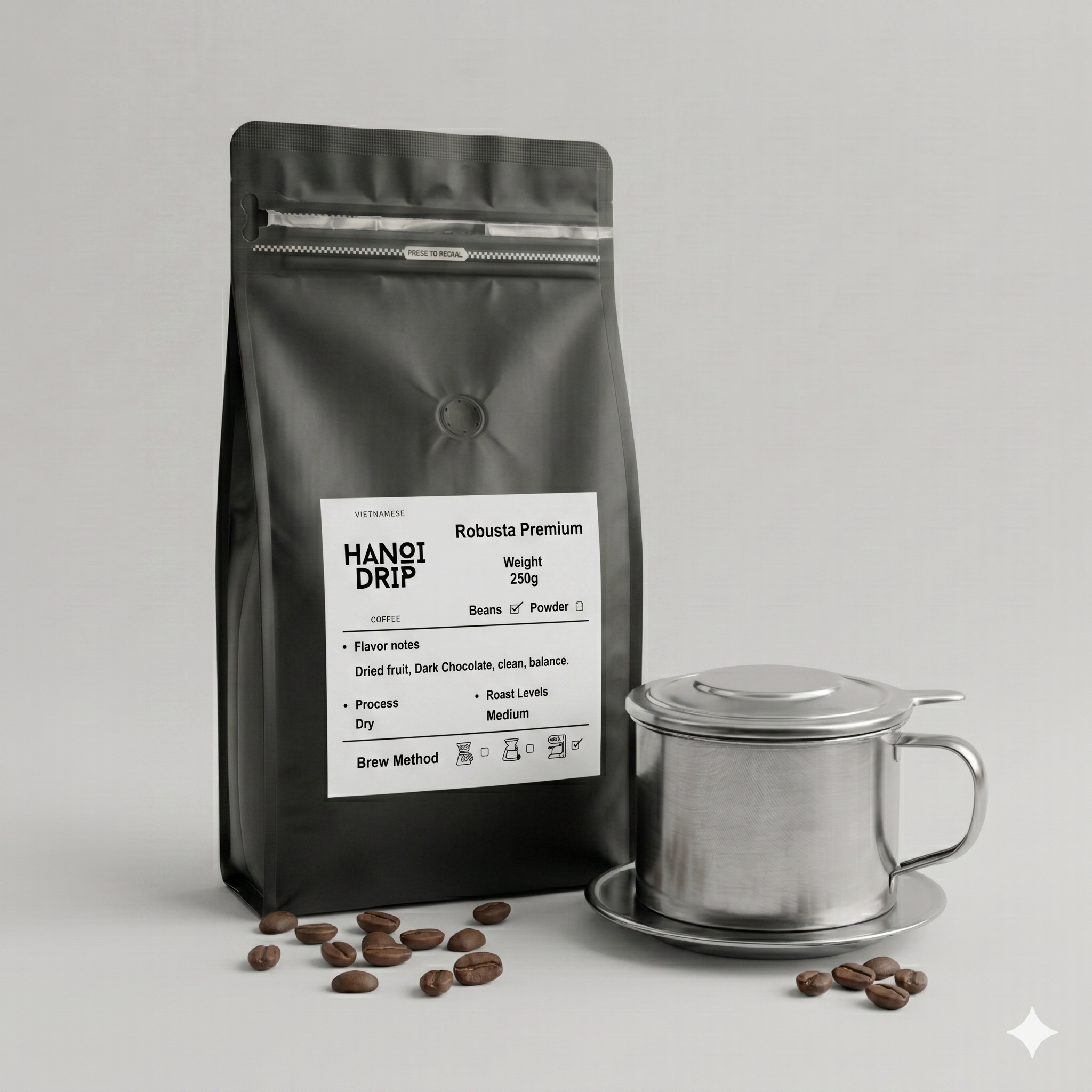 Vietnamese Robusta Coffee Set – 250g Beans + Phin Drip Filter